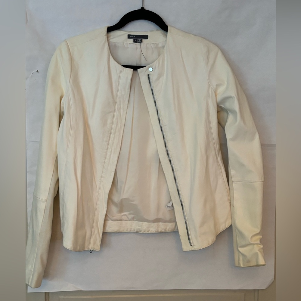Vince Slim Lambskin Leather Moto Jacket Off-White, Size Small